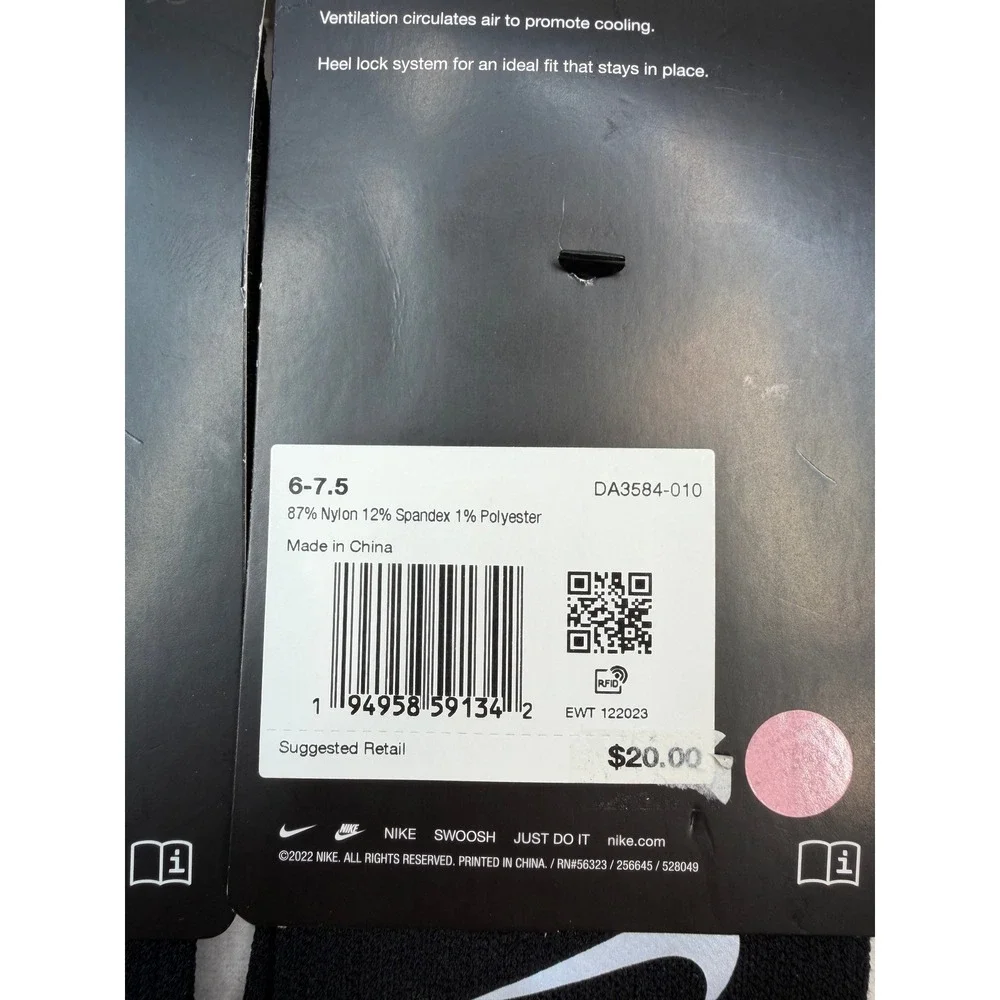 2 pair Nike Spark Lightweight Crew Socks Black Women 7.5-9 Men 6-7.5 NWT